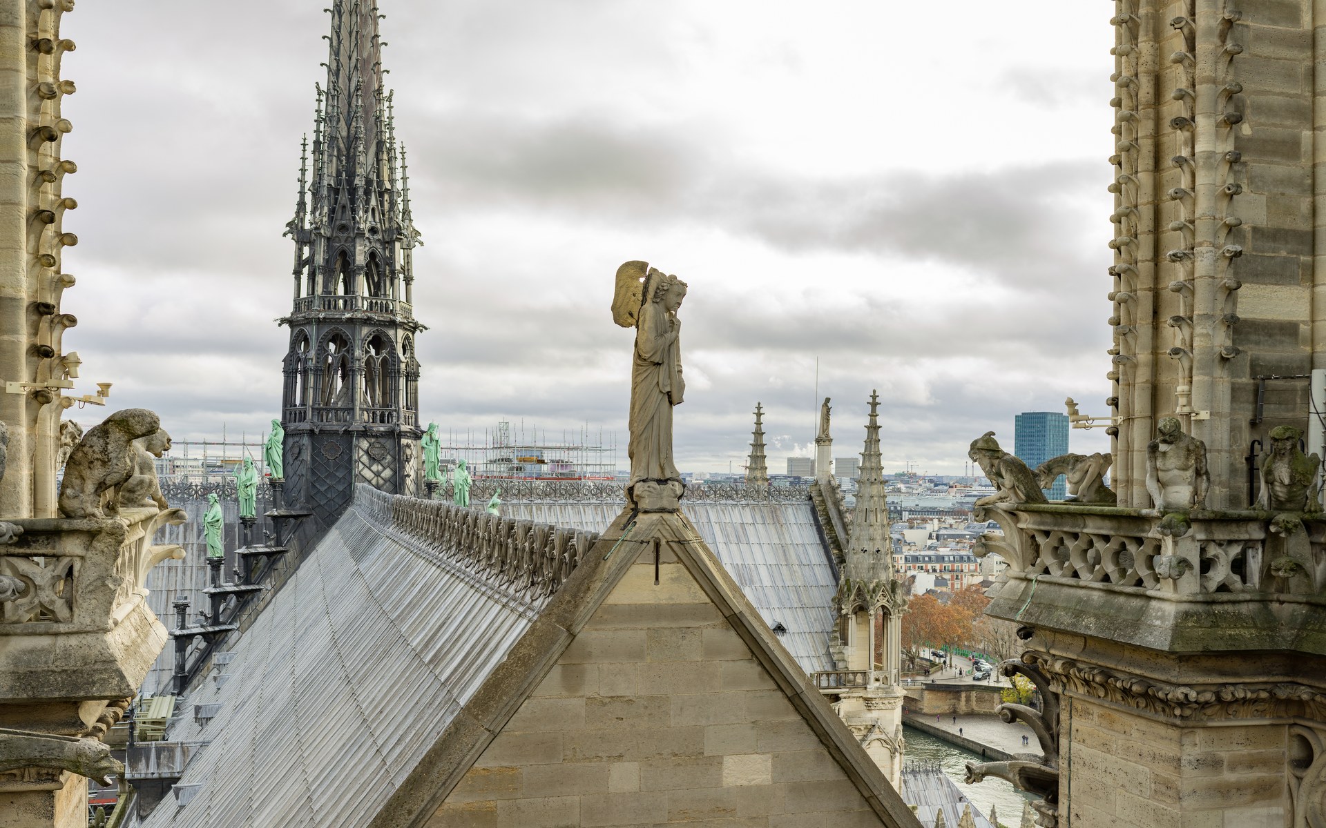 The roofline and spire of Notre-Dame de Paris